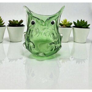 Murano Cristalleria Stile D'Arte Green Owl Art Glass Vase